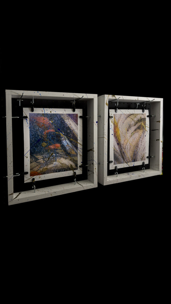 Surviving This Earth diptych framed abstract painting on canvas by artist Michael John Valentine