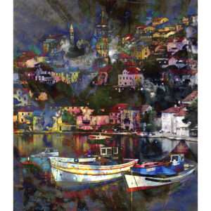 European Village of Kotor Montenegro with fishing boats by artist Michael John Valentine