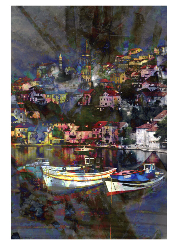 European Village of Kotor Montenegro with fishing boats by artist Michael John Valentine